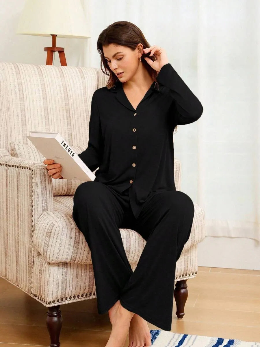 SHEIN Doze Lane طقم بيجامة قطعتين بياقة وأكمام طويلة بلون أسود