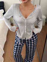 SHEIN طقم بيجامة 3 قطع بتوب قصير بحمالات رفيعة وجاكيت بأكمام طويلة وبنطال طويل بنقشة مربعات متعددة الألوان