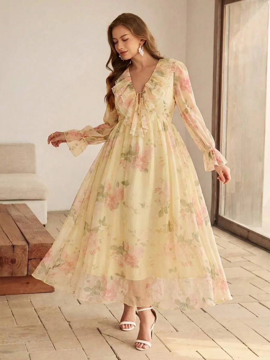 SHEIN Roveilla فستان نسائي بياقة ونقشة زهور بلون أصفر فاتح