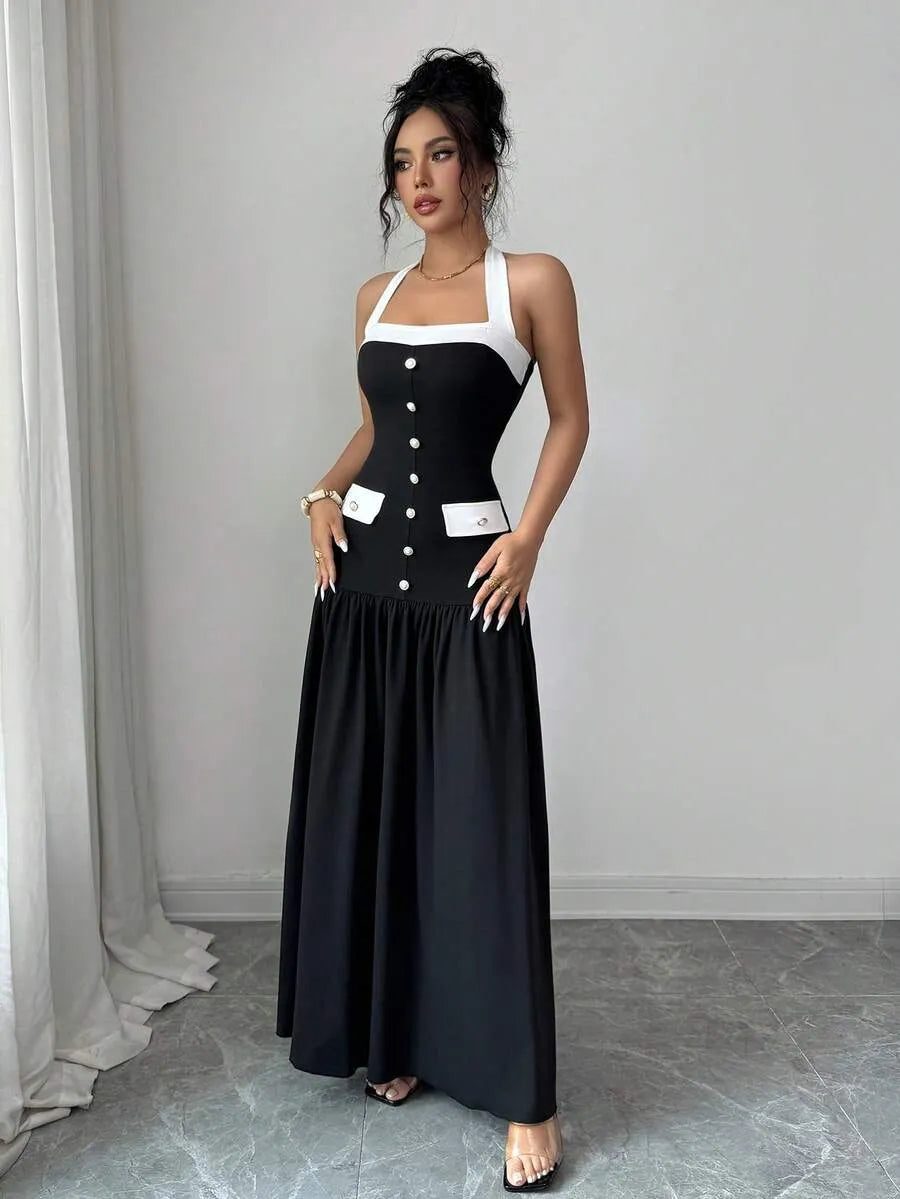 SHEIN Elenzya فستان أنيق بياقة حلقة وأزرار متباينة الألوان