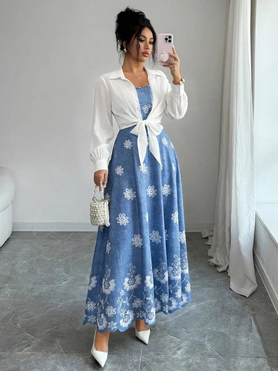 SHEIN طقم فستان وجاكيت مطبوع بأكمام طويلة بلون أزرق وأبيض