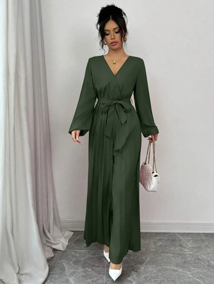 SHEIN Elenzga جمبسوت نسائي بياقة وأكمام منتفخة وساق واسعة بخصر عالٍ بلون أخضر عسكري