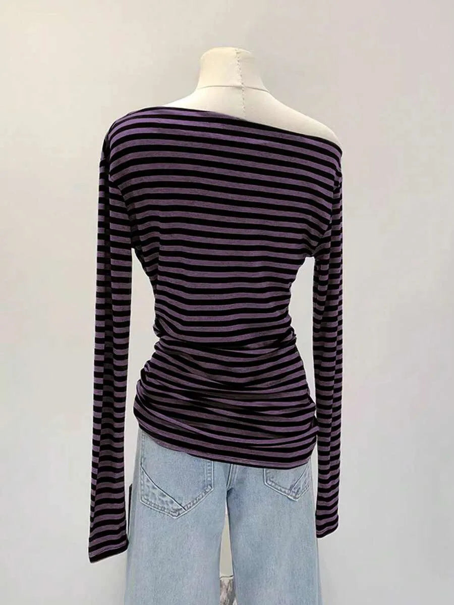 SHEIN INAWLY تي شيرت نسائي فضفاض مخطط وأكمام طويلة بلون أحمر بنفسجي