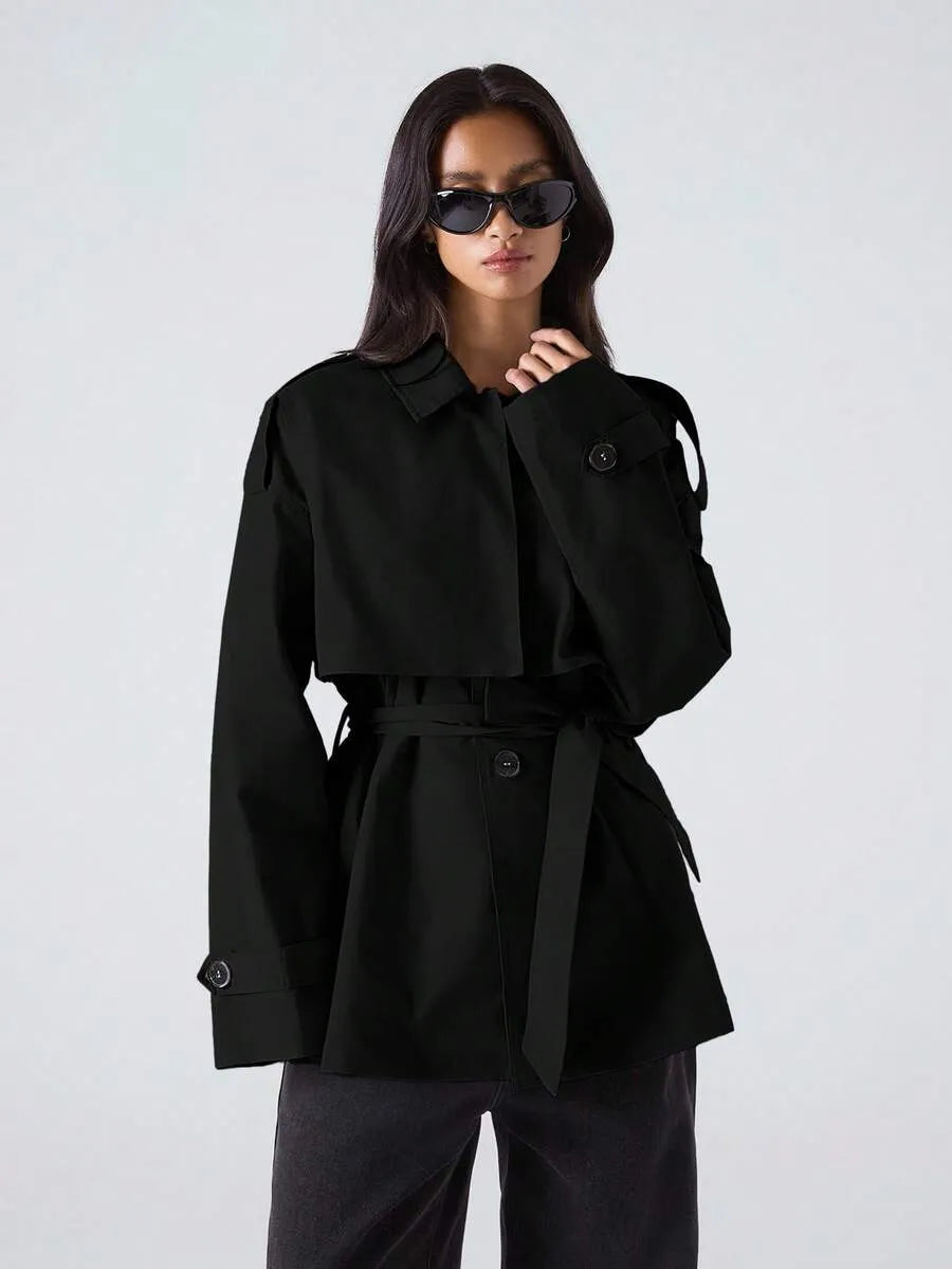 SHEIN LYSMO معطف ترينش فضفاض بياقة كلاسيكية وحزام وأزرار أمامية بلون أسود