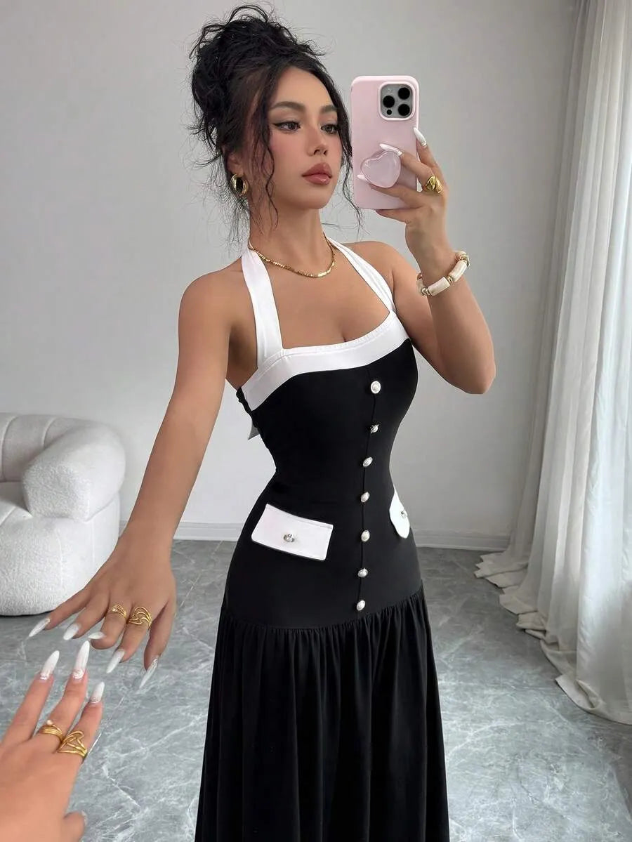 SHEIN Elenzya فستان أنيق بياقة حلقة وأزرار متباينة الألوان