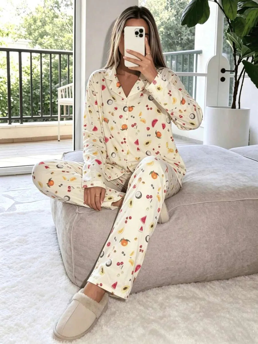 SHEIN Nina Bonheur طقم بيجامة قطعتين بأكمام طويلة وأزرار أمامية بطبعة زهور بلون مشمشي