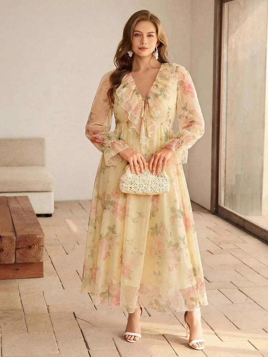 SHEIN Roveilla فستان نسائي بياقة ونقشة زهور بلون أصفر فاتح