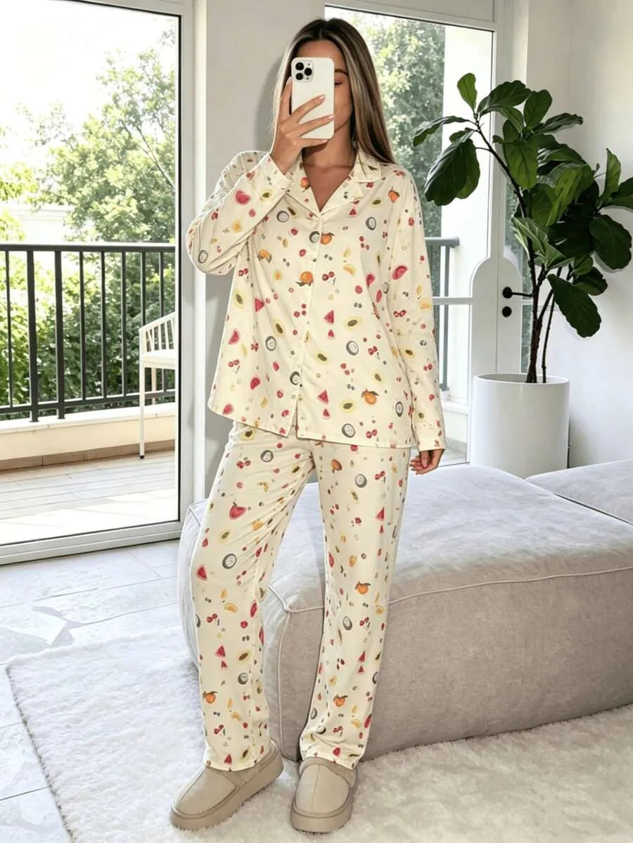 SHEIN Nina Bonheur طقم بيجامة قطعتين بأكمام طويلة وأزرار أمامية بطبعة زهور بلون مشمشي