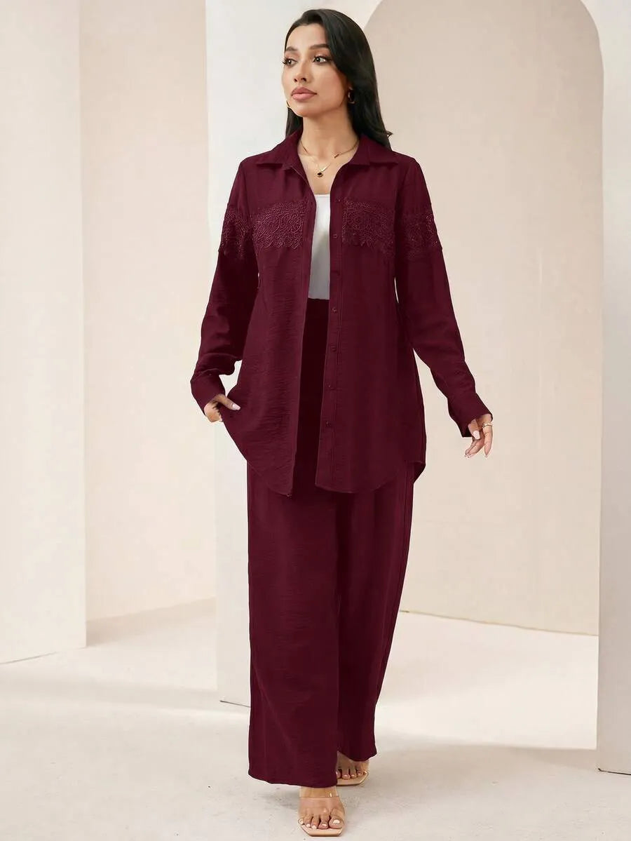 SHEIN Veilorie طقم نسائي قطعتين بلوزة بأزرار أمامية وبنطال بلون عنابي