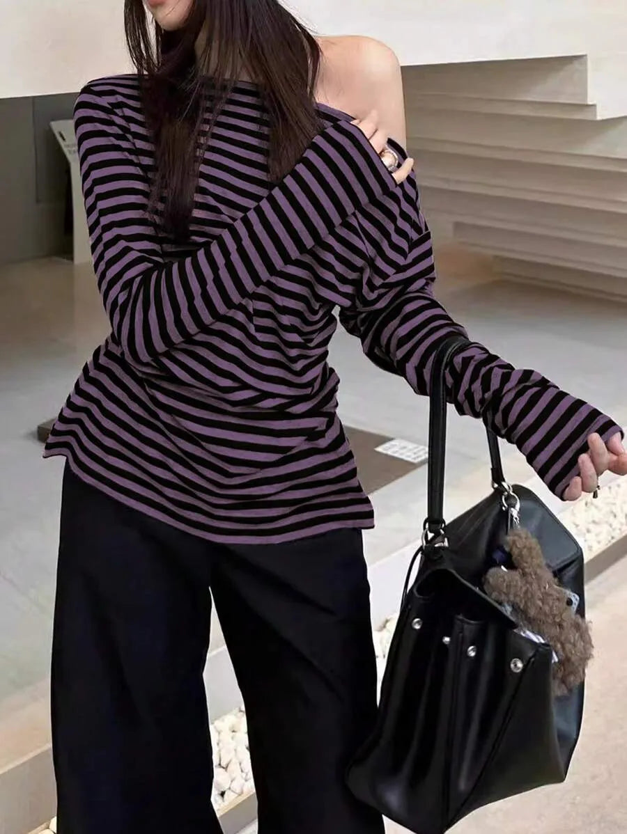 SHEIN INAWLY تي شيرت نسائي فضفاض مخطط وأكمام طويلة بلون أحمر بنفسجي
