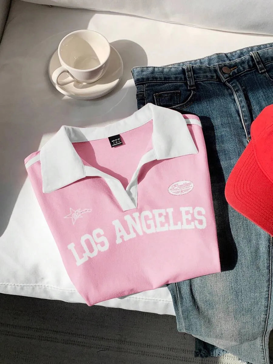 SHEIN Comfortcana تي شيرت نسائي ضيق بياقة بولو وسحاب وتفاصيل مخططة بلون وردي