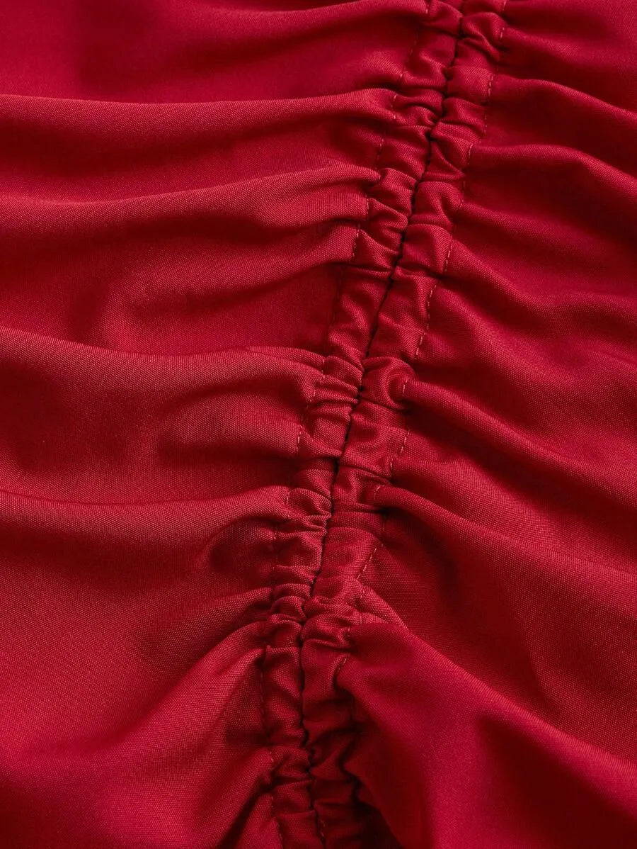 SHEIN MOD فستان نسائي طويل بياقة قلب وأكمام منتفخة وتفاصيل كشكش بلون أحمر