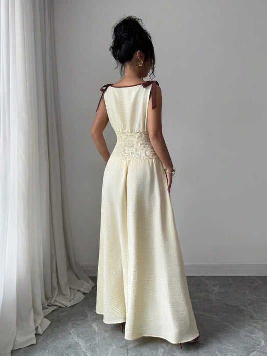 SHEIN Selianne فستان طويل بسيط وعصري بياقة قارب وربطة عنق