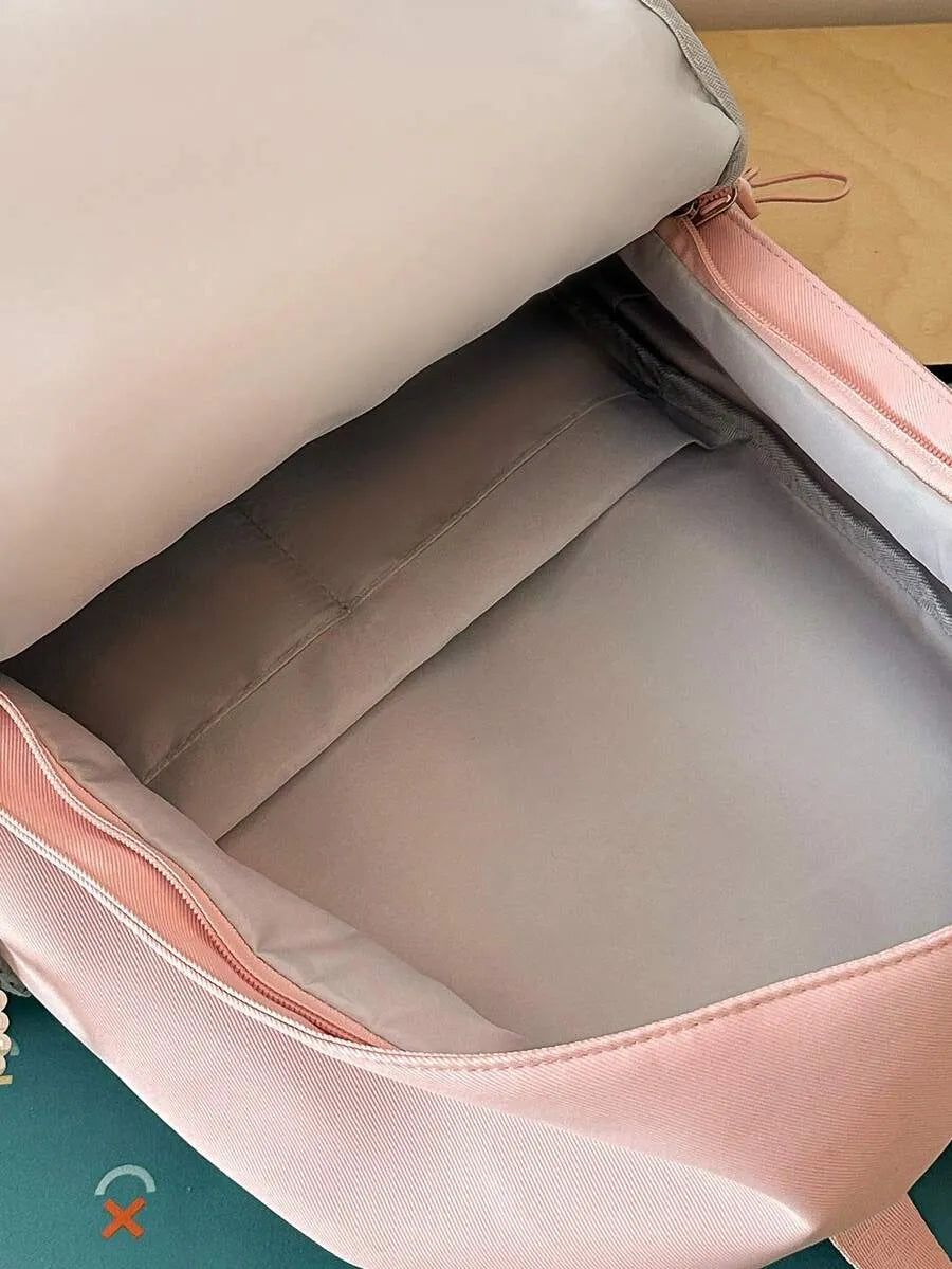 SHEIN حقيبة ظهر من النايلون بألوان وردية وبيضاء مقاومة للماء