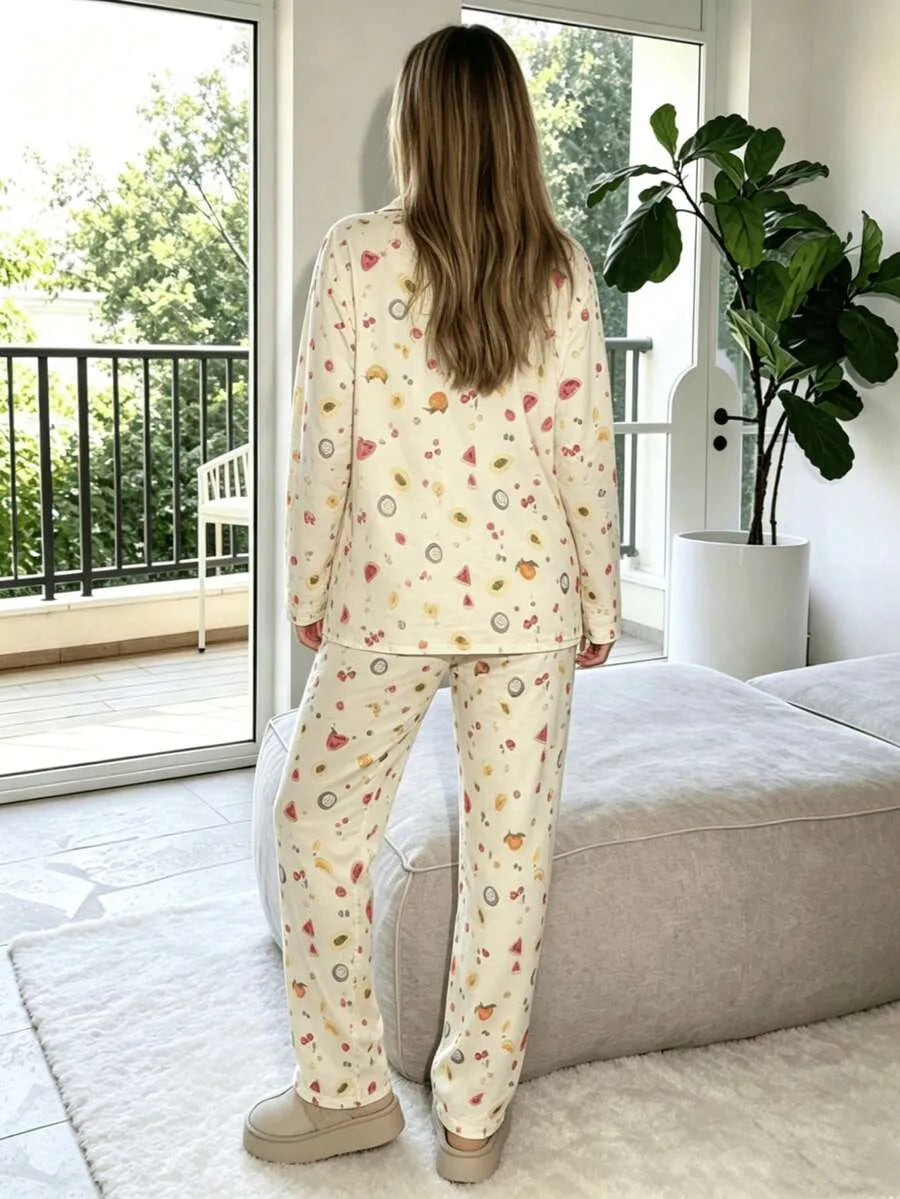 SHEIN Nina Bonheur طقم بيجامة قطعتين بأكمام طويلة وأزرار أمامية بطبعة زهور بلون مشمشي