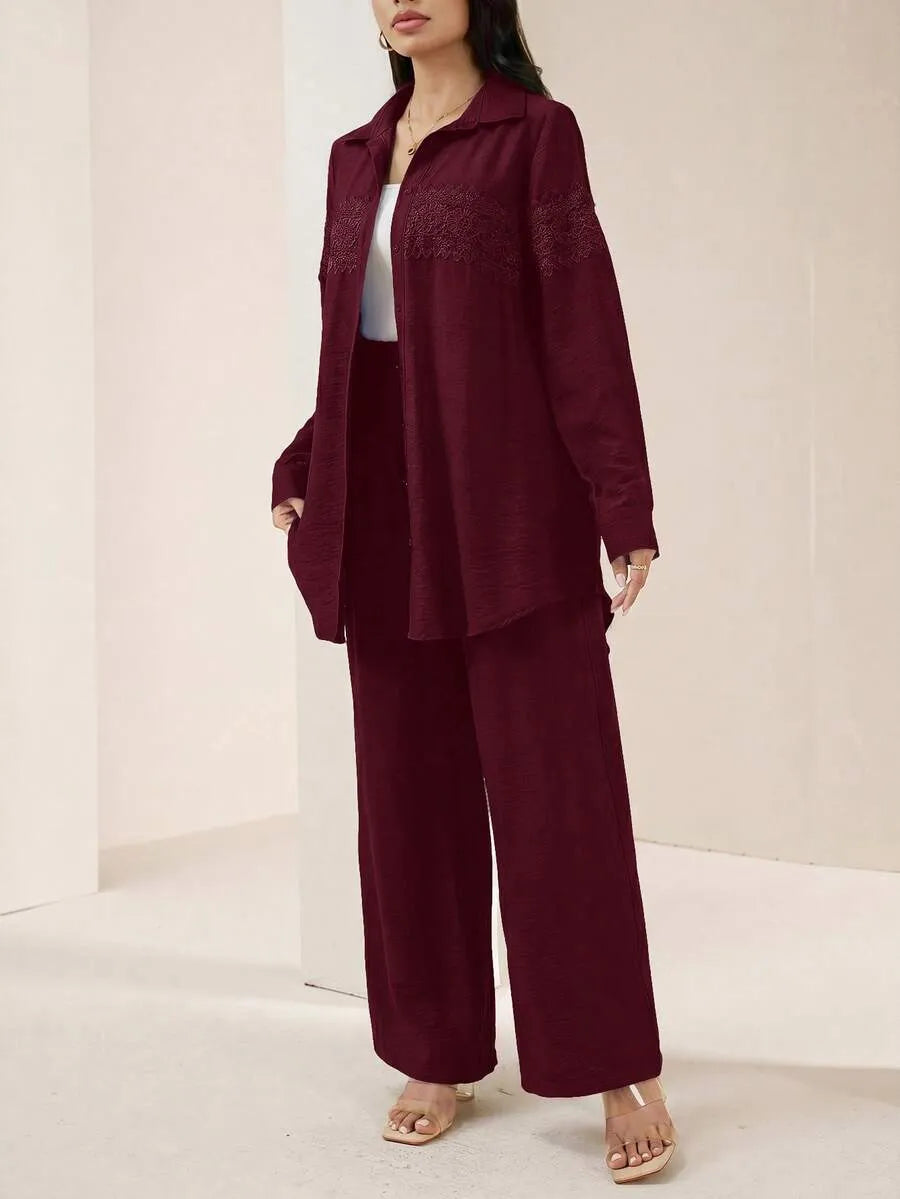 SHEIN Veilorie طقم نسائي قطعتين بلوزة بأزرار أمامية وبنطال بلون عنابي