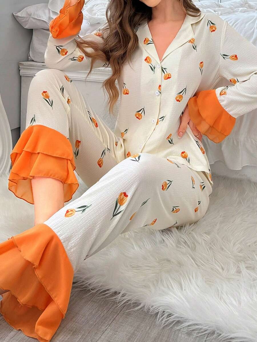 SHEIN CottageSlumber طقم بيجاما  بطبعات زهرية وتفاصيل مكشكشة