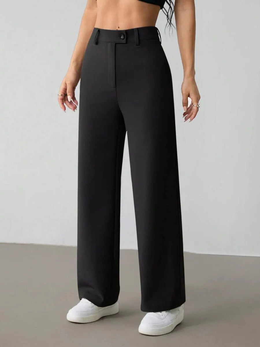 SHEIN PETITE بنطلون بلون الأسود طويل واسع الساق بخصر عالي