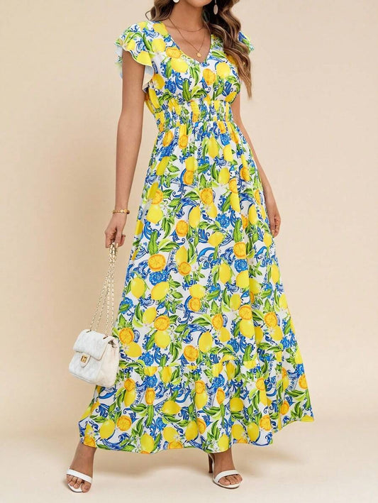 SHEIN Amorya  فستان مطبوع بالكامل برسومات فواكه ونباتات