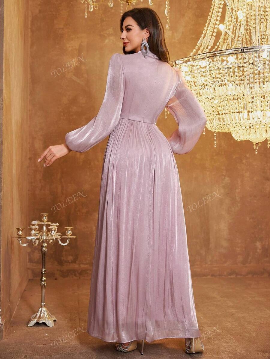 SHEIN TOLEEN فستان وردي مغبر طويل بستايل أنيق وأكمام فانوس مزينة بالراين