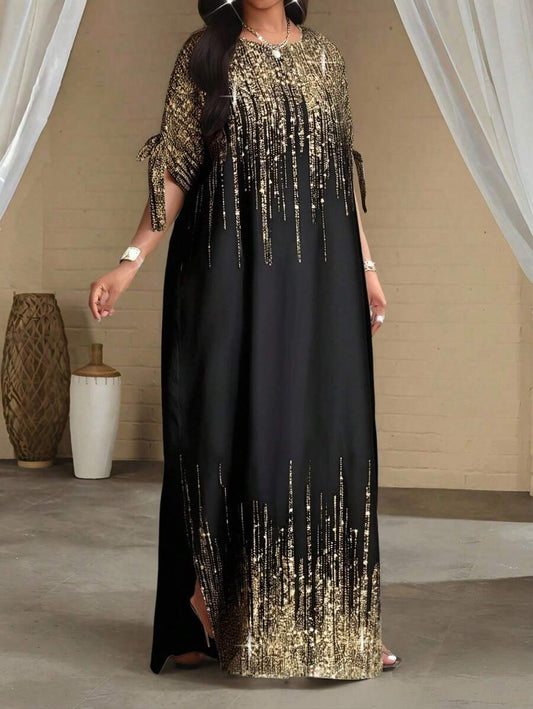 SHEIN فستان أسود فضفاض بنص كم ولمعة ناعمة