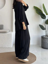 SHEIN طقم قطعتين بلون أسود قميص بياقة وأزرار أمامية وبنطلون واسع الساق