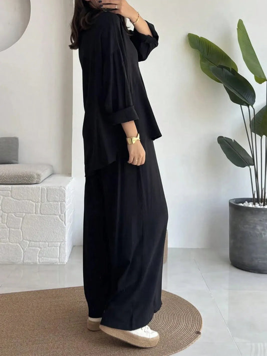 SHEIN طقم نسائي كاجوال أنيق من قطعتين (قميص بأزرار وأكمام طويلة + بنطلون واسع الساق)