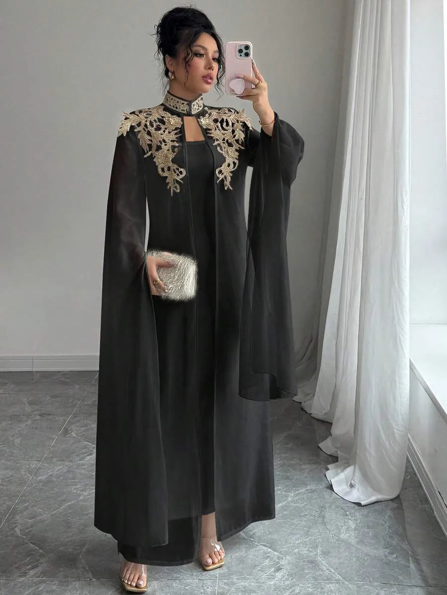 SHEIN Selianne طقم نسائي قطعتين جاكيت مطرز بأزرار أمامية وفستان طويل بلون الأسود