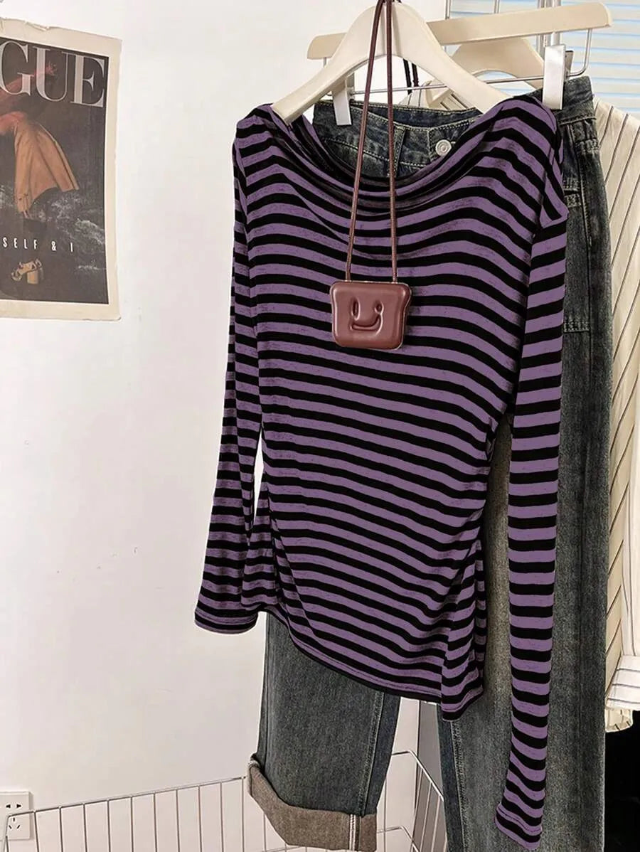 SHEIN INAWLY تي شيرت نسائي فضفاض مخطط وأكمام طويلة بلون أحمر بنفسجي