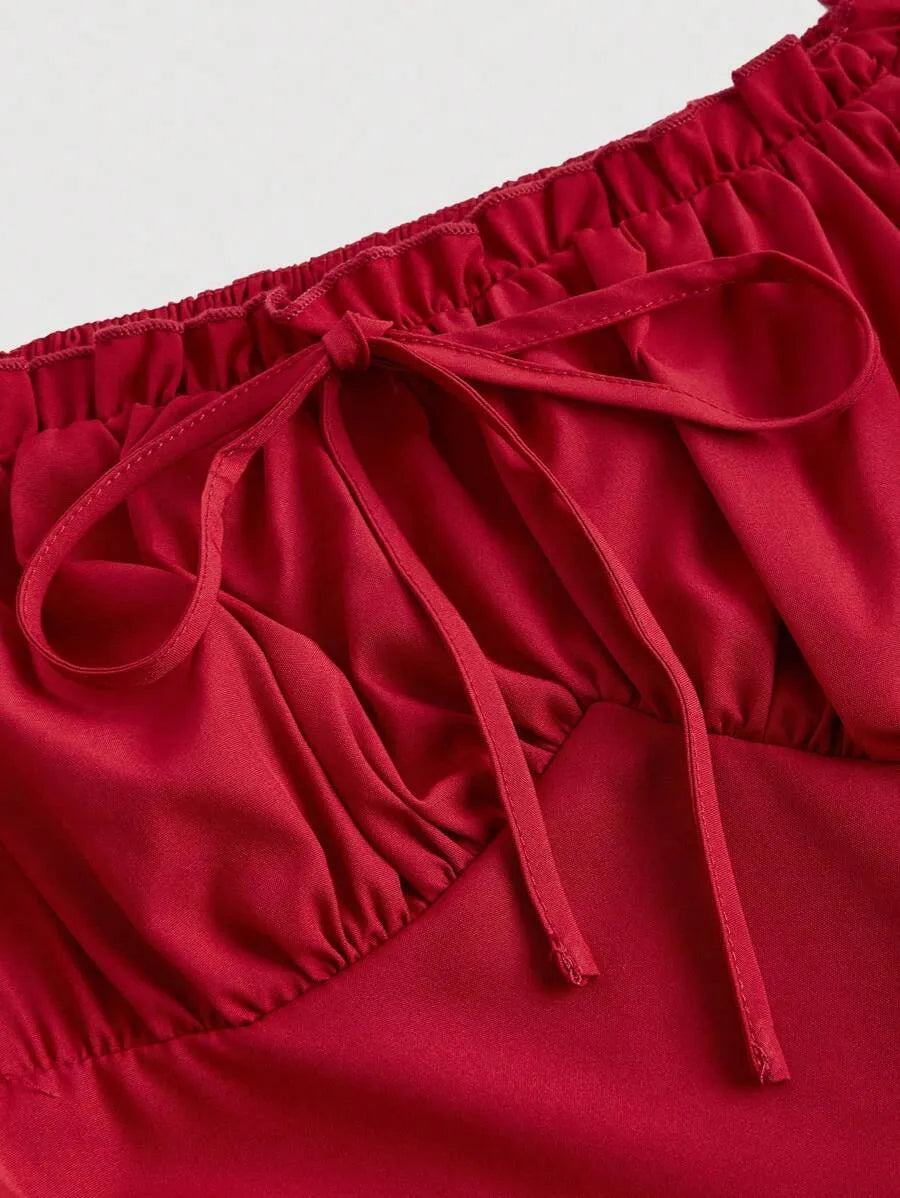 SHEIN MOD فستان نسائي طويل بياقة قلب وأكمام منتفخة وتفاصيل كشكش بلون أحمر