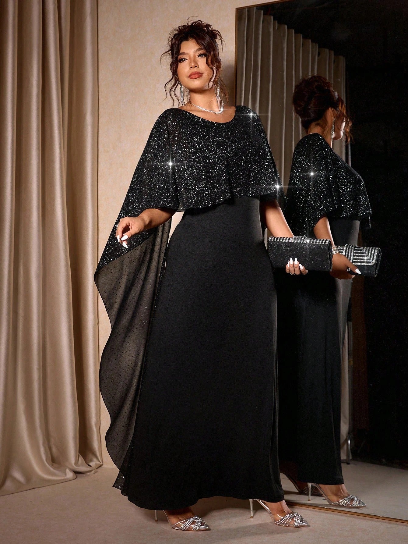 SHEIN Cravure فستان حفلة شيفون لامع بياقة دائرية مقاسات كبيرة