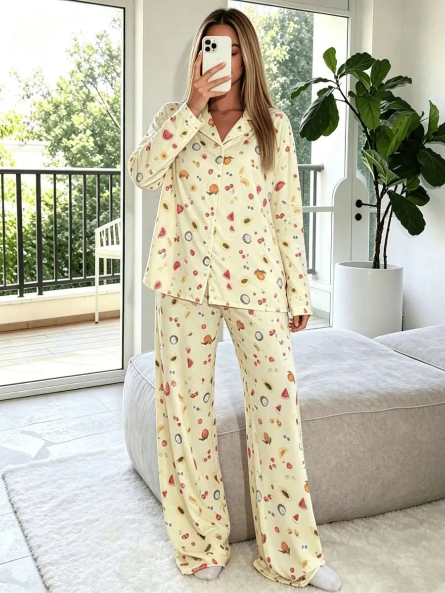 SHEIN Nina Bonheur طقم بيجامة قطعتين بأكمام طويلة وأزرار أمامية بطبعة زهور بلون مشمشي