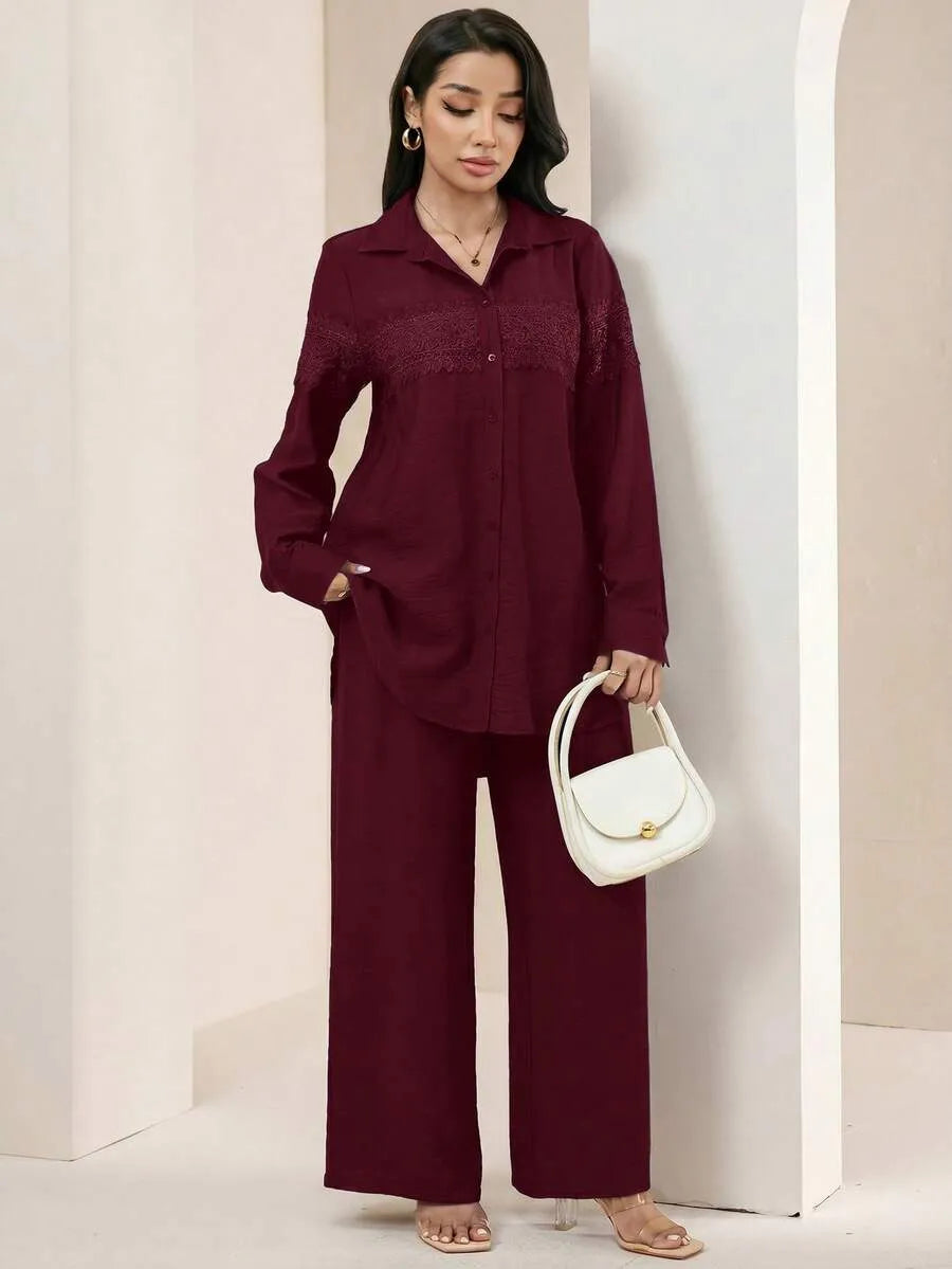 SHEIN Veilorie طقم نسائي قطعتين بلوزة بأزرار أمامية وبنطال بلون عنابي