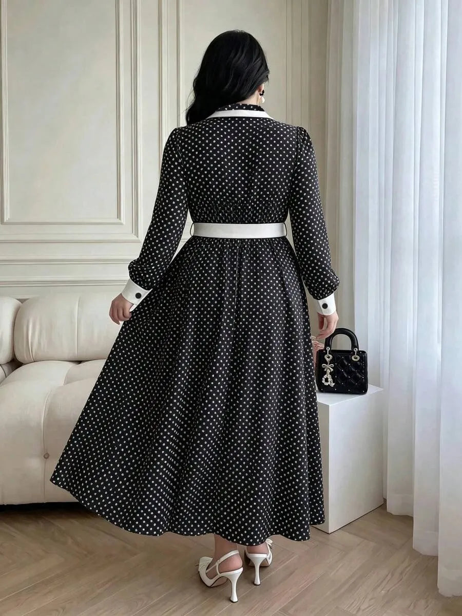 SHEIN Vibekara فستان نسائي طويل بياقة وأكمام طويلة وطيات جانبية باللونين الأسود والأبيض