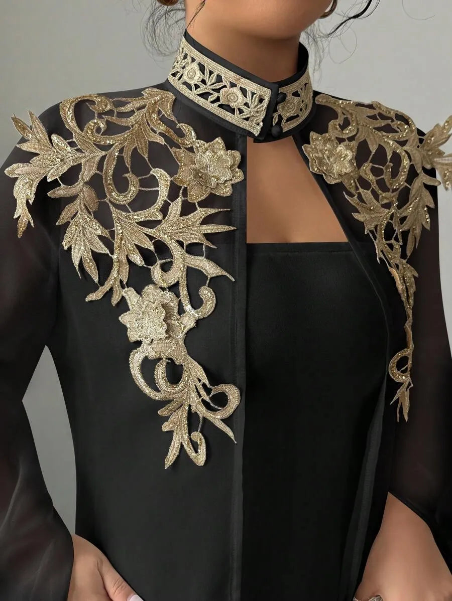 SHEIN Selianne طقم نسائي قطعتين جاكيت مطرز بأزرار أمامية وفستان طويل بلون الأسود