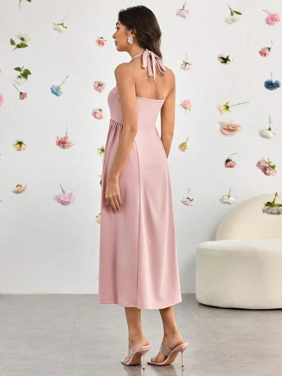 SHEIN Modelyn فستان وردي بفتحة ظهر وكشكشة عند الحواف