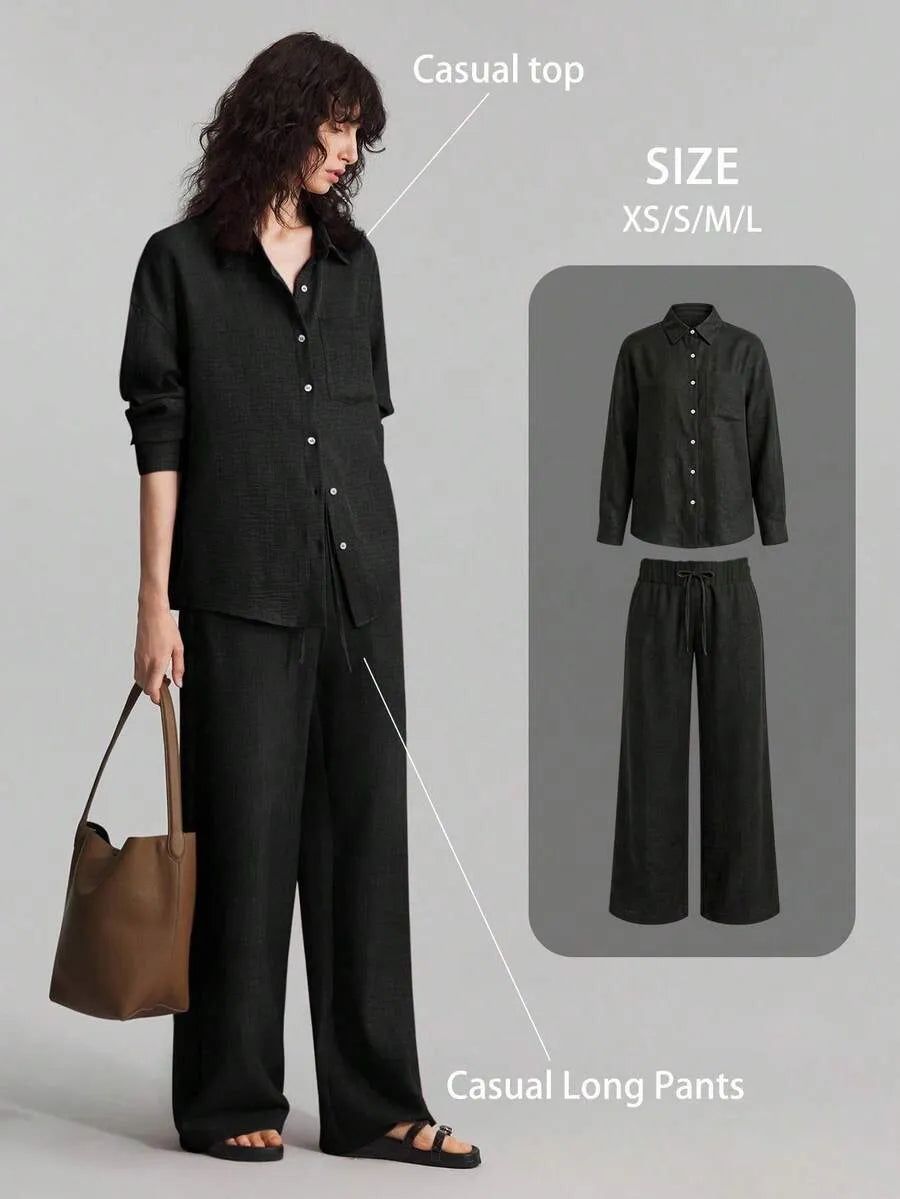 SHEIN Ontre طقم نسائي قطعتين بلوزة بياقة وأزرار أمامية وبنطال بجيوب بلون الأسود