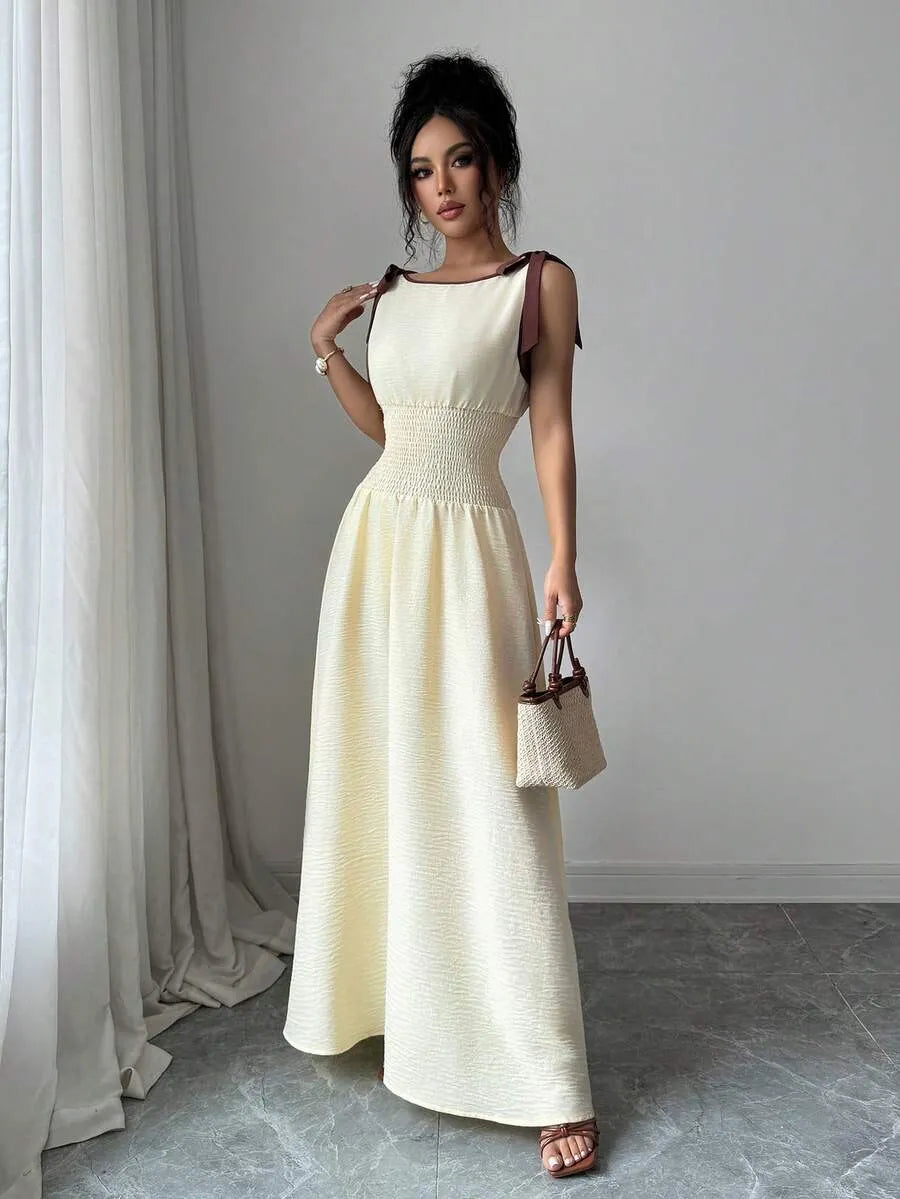 SHEIN Selianne فستان طويل بسيط وعصري بياقة قارب وربطة عنق
