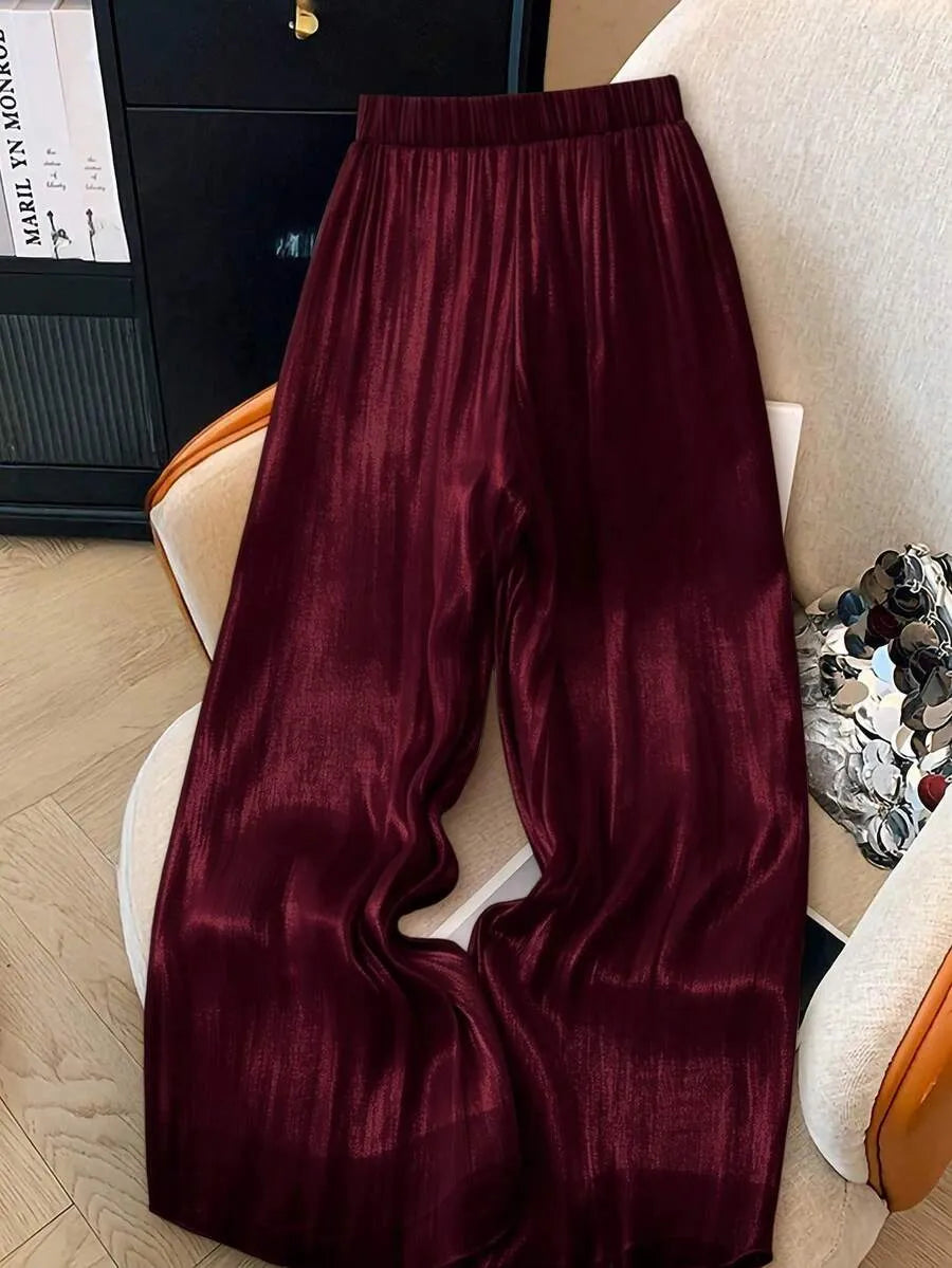 SHEIN GlowEve بنطال نسائي واسع بخصر مطاطي ومطوي بلون عنابي