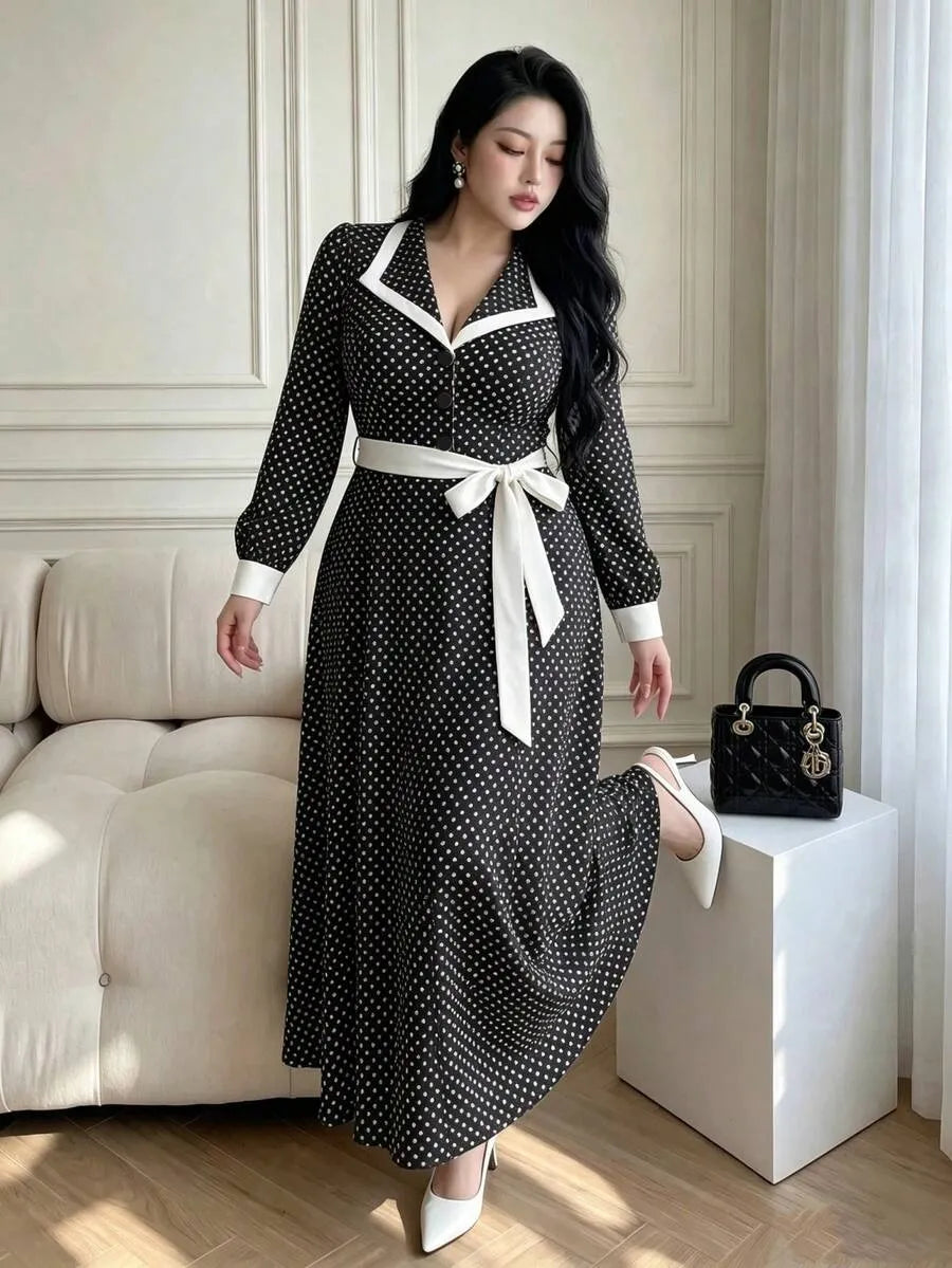 SHEIN Vibekara فستان نسائي طويل بياقة وأكمام طويلة وطيات جانبية باللونين الأسود والأبيض