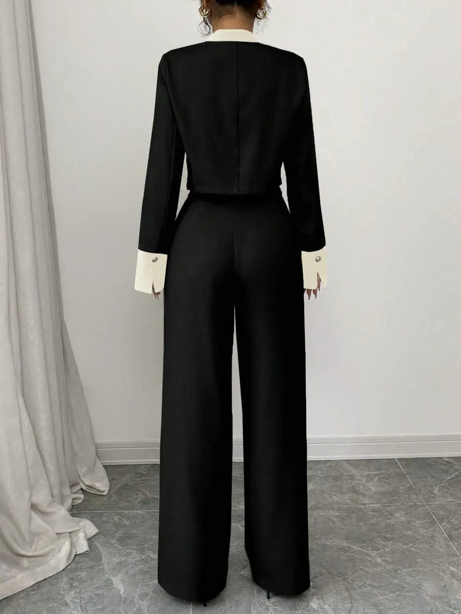 SHEIN Elenzga طقم نسائي قطعتين جاكيت قصير بأزرار وبنطال طويل بلون الأسود