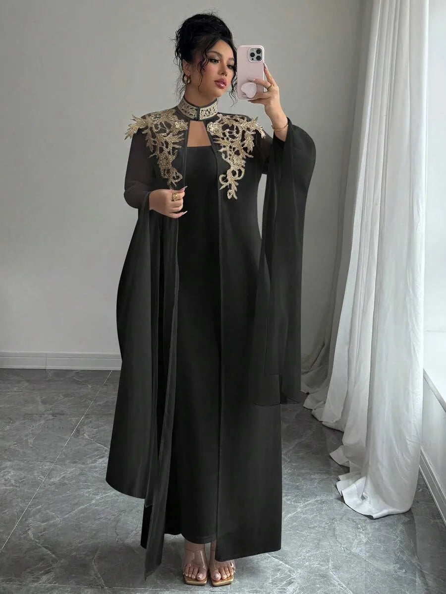 SHEIN Selianne طقم نسائي قطعتين جاكيت مطرز بأزرار أمامية وفستان طويل بلون الأسود
