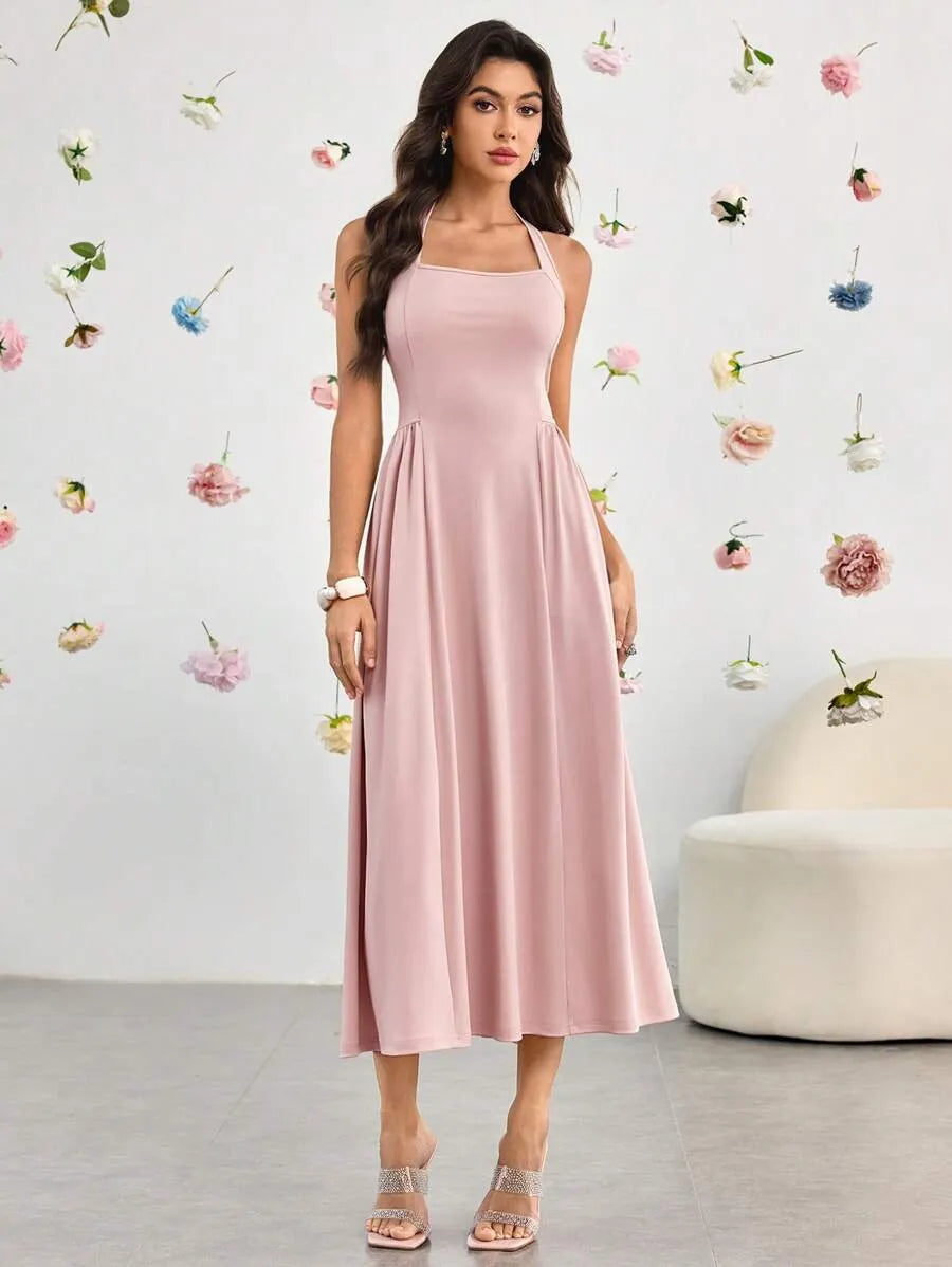 SHEIN Modelyn فستان وردي بفتحة ظهر وكشكشة عند الحواف