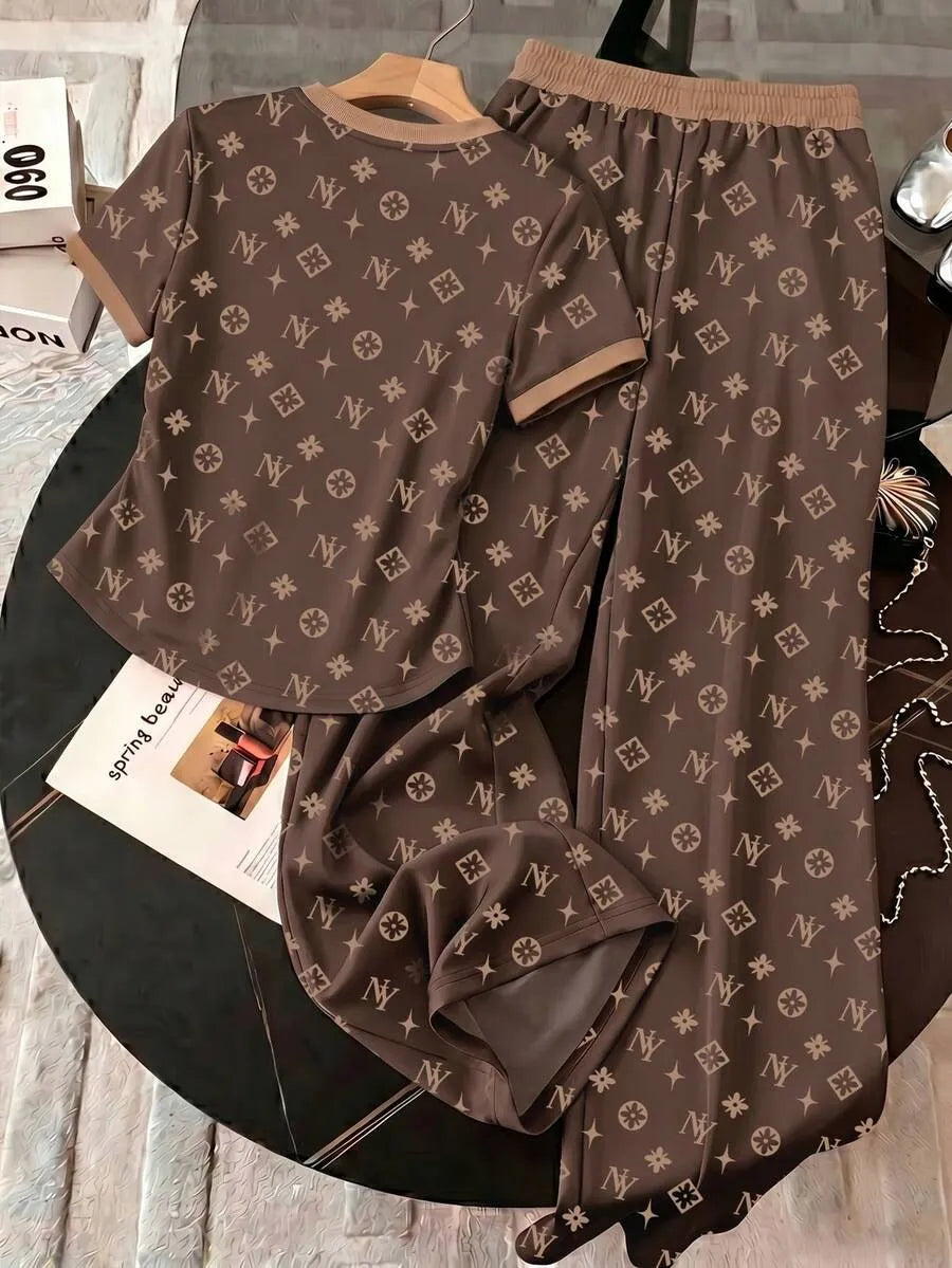 SHEIN Resyla طقم نسائي كاجوال من قطعتين بتيشيرت مطبوع وبنطال واسع بخصر برباط