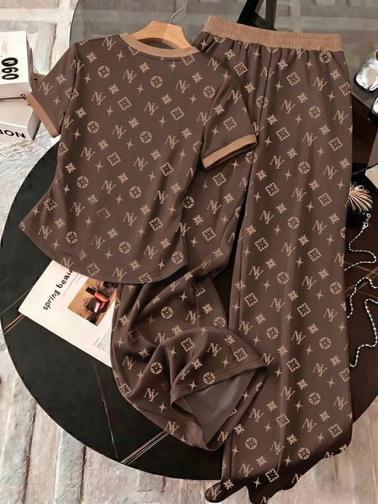 SHEIN Resyla طقم نسائي كاجوال من قطعتين بتيشيرت مطبوع وبنطال واسع بخصر برباط