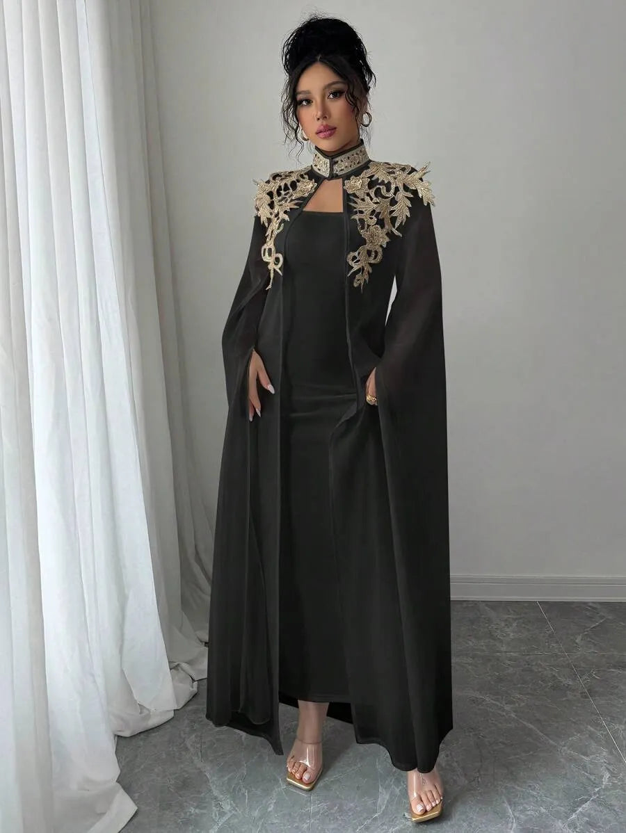SHEIN Selianne طقم نسائي قطعتين جاكيت مطرز بأزرار أمامية وفستان طويل بلون الأسود