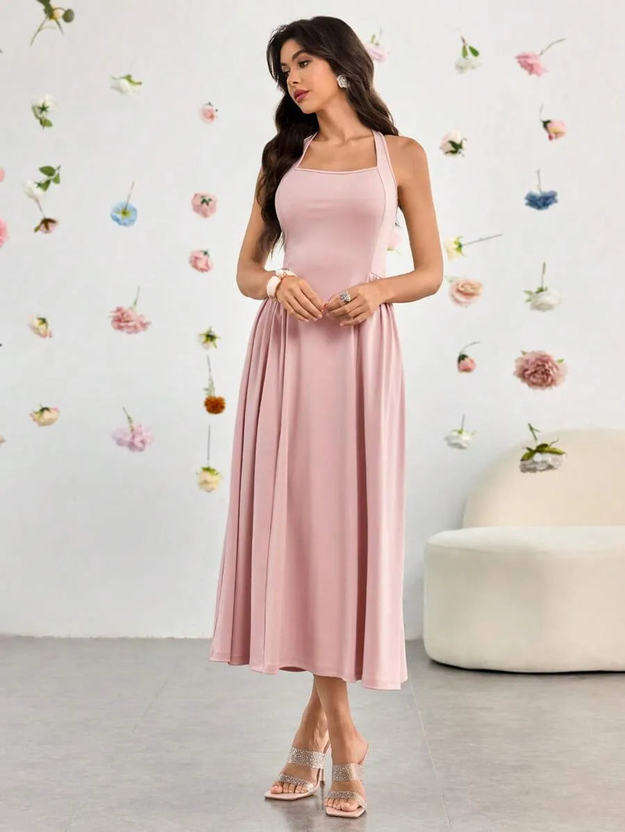 SHEIN Modelyn فستان وردي بفتحة ظهر وكشكشة عند الحواف