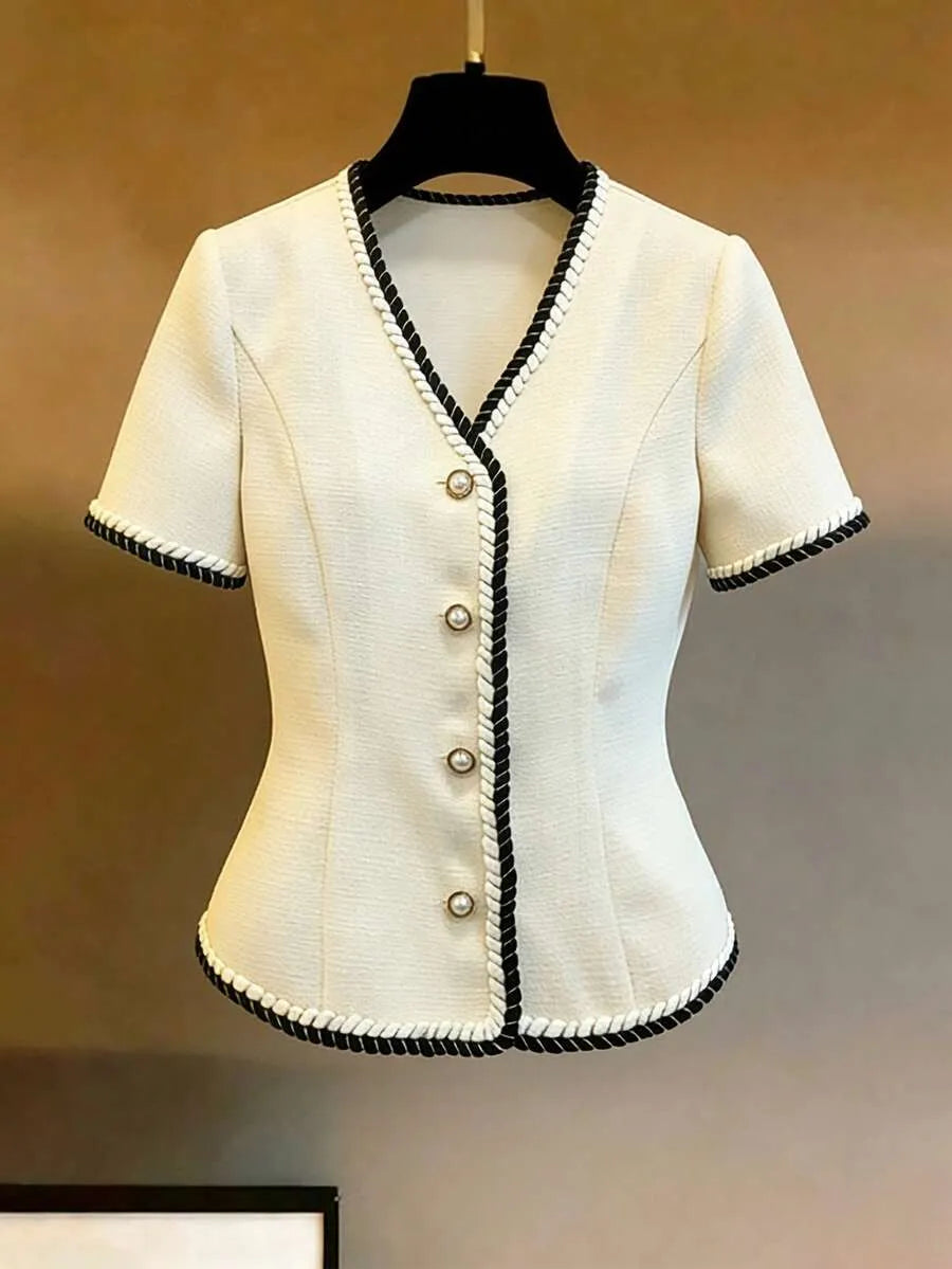 SHEIN Franclia V بلوزة نسائية بيج ضيقة بياقة  وأزرار معدنية
