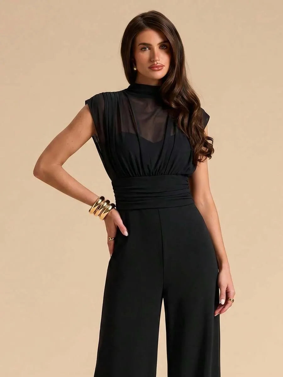 SHEIN BAE جمبسوت نسائية من الشبك الشفاف وأرجل واسعة من