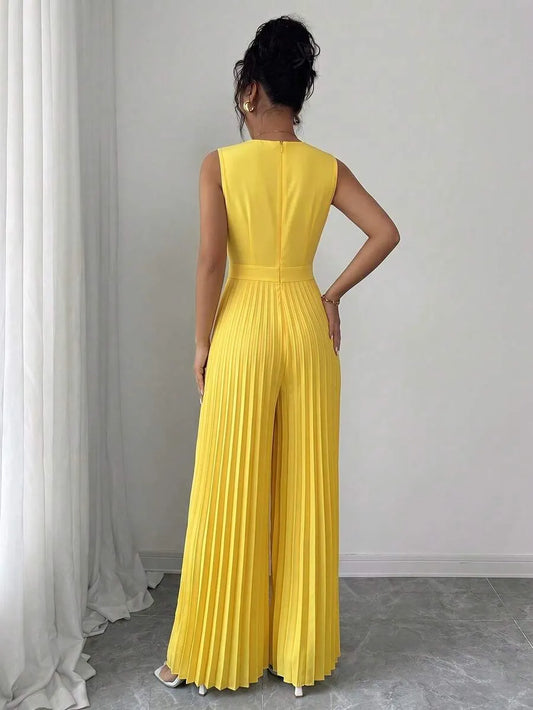 SHEIN Elenzga جمبسوت بلون أصفر بخصر مطوي وقصة ضيقة بدون أكمام
